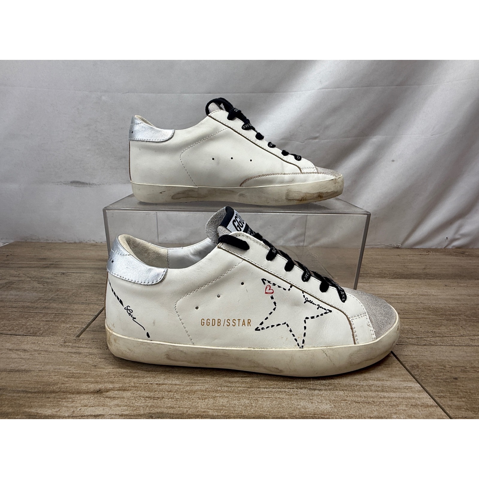 Golden Goose Super-Star White Leather Stitched Star Heart Sneakers Womens 40
